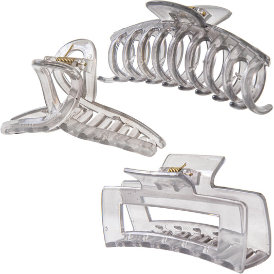 Large Glossy Smokey Grey Hair Claw Clips - Translucent Clear Non-Slip Barrettes for All Hair (3-Piece Set with Black Velvet Gift Pouch)