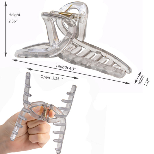 Large Glossy Smokey Grey Hair Claw Clips - Translucent Clear Non-Slip Barrettes for All Hair (3-Piece Set with Black Velvet Gift Pouch)