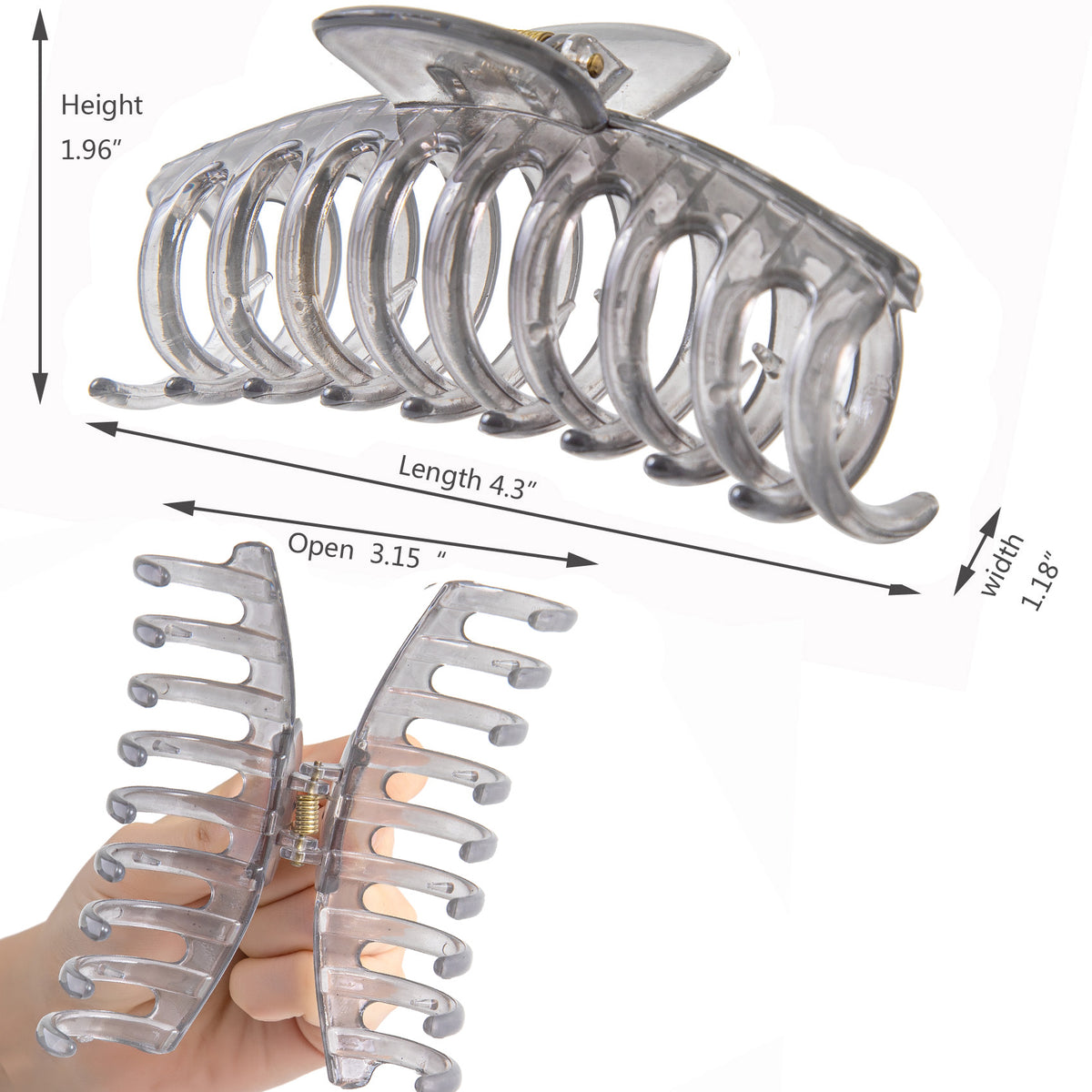 Large Glossy Smokey Grey Hair Claw Clips - Translucent Clear Non-Slip Barrettes for All Hair (3-Piece Set with Black Velvet Gift Pouch)