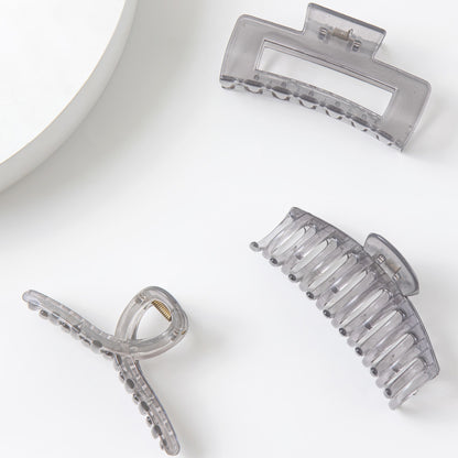 Large Glossy Smokey Grey Hair Claw Clips - Translucent Clear Non-Slip Barrettes for All Hair (3-Piece Set with Black Velvet Gift Pouch)