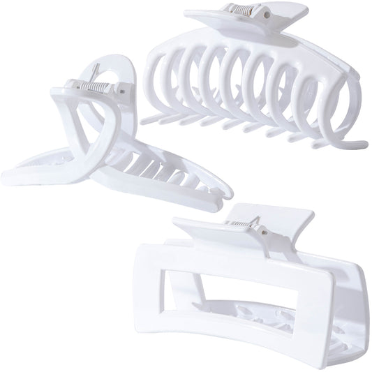 Large White Hair Claw Clips - Glossy Non-Slip Hair Barrettes for All Hair (3-Piece Set with Black Velvet Gift Pouch)