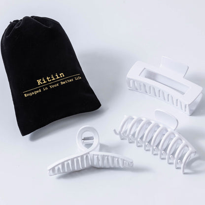 Large White Hair Claw Clips - Glossy Non-Slip Hair Barrettes for All Hair (3-Piece Set with Black Velvet Gift Pouch)