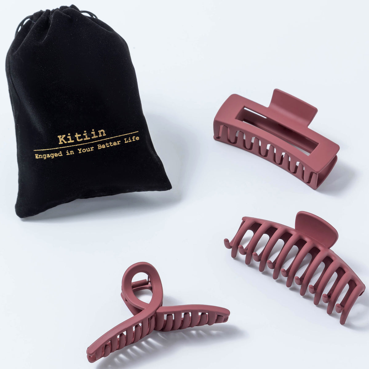 Large Matte Burgundy Hair Claw Clips - Wine Red Non-Slip Barrettes for Thick Hair (3-Piece Set with Black Velvet Gift Pouch)