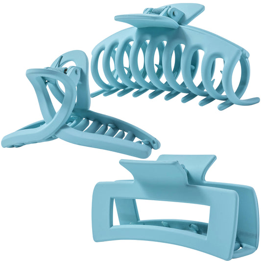 Large Matte Pastel Blue Hair Claw Clips - Sky Blue Non-Slip Barrettes for Thick Hair (3-Piece Set with Black Velvet Gift Pouch)