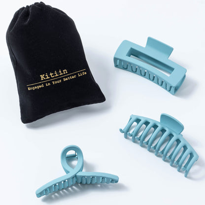 Large Matte Pastel Blue Hair Claw Clips - Sky Blue Non-Slip Barrettes for Thick Hair (3-Piece Set with Black Velvet Gift Pouch)