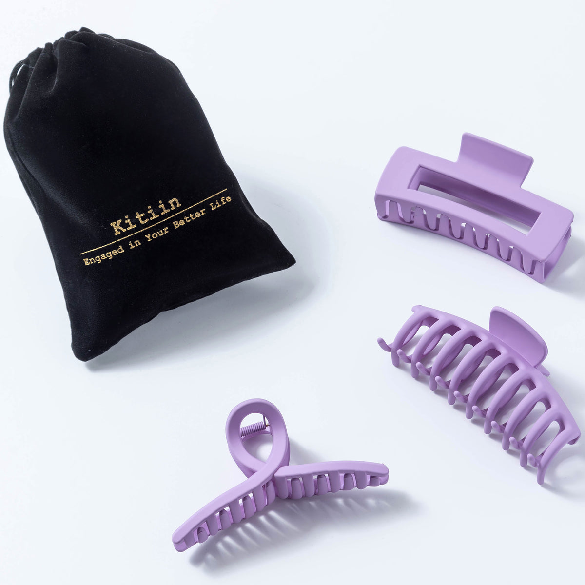 Large Matte Lavender Hair Claw Clips - Pastel Purple Non-Slip Barrettes for Thick Hair (3-Piece Set with Black Velvet Gift Pouch)