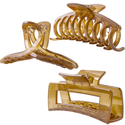 Large Glossy Amber Hair Claw Clips - Honey Caramel Non-Slip Barrettes for All Hair (3-Piece Set with Black Velvet Gift Pouch)
