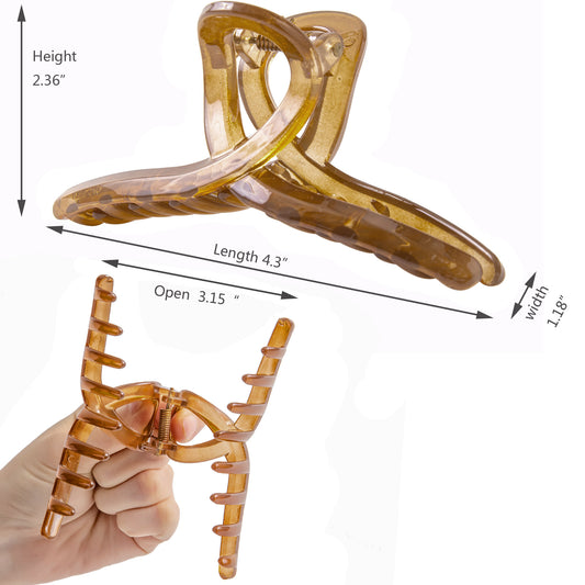 Large Glossy Amber Hair Claw Clips - Honey Caramel Non-Slip Barrettes for All Hair (3-Piece Set with Black Velvet Gift Pouch)