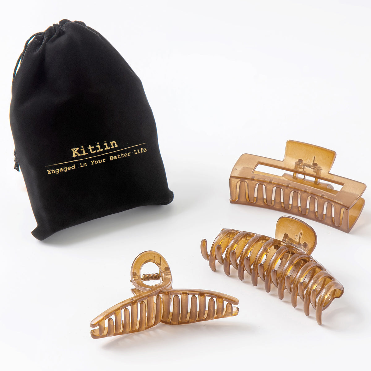 Large Glossy Amber Hair Claw Clips - Honey Caramel Non-Slip Barrettes for All Hair (3-Piece Set with Black Velvet Gift Pouch)