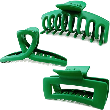 Large Matte Emerald Green Hair Claw Clips - St. Patrick's Day Non-Slip Barrettes for All Hair (3-Piece Set with Black Velvet Gift Pouch)