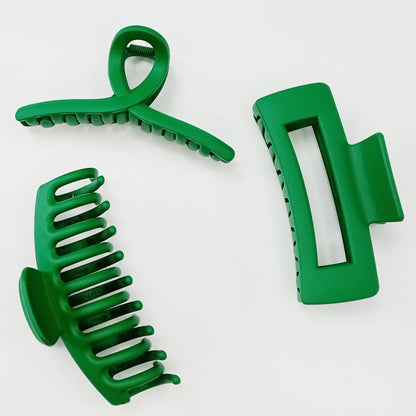 Large Matte Emerald Green Hair Claw Clips - St. Patrick's Day Non-Slip Barrettes for All Hair (3-Piece Set with Black Velvet Gift Pouch)