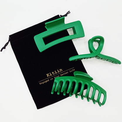 Large Matte Emerald Green Hair Claw Clips - St. Patrick's Day Non-Slip Barrettes for All Hair (3-Piece Set with Black Velvet Gift Pouch)