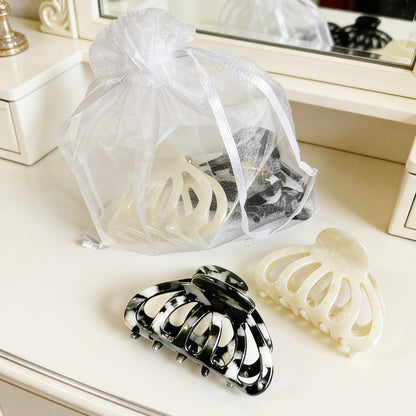Cellulose Acetate French Hair Claw Clips - 3.3" Medium Boho Marble Barrettes (2-Pack with Gift Pouch, Pearl White & Monochrome Marble)