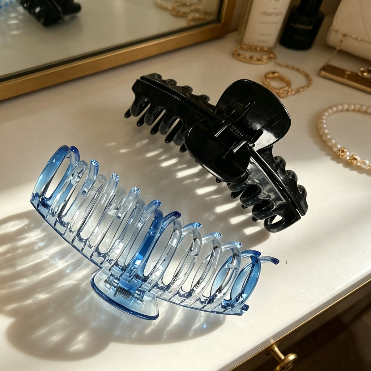 Jumbo 5.5" Glossy Hair Claw Clips for Thick Hair - Extra Large Non-Slip Jaw Clips (2-Piece Set - Jet Black & Ocean Blue)