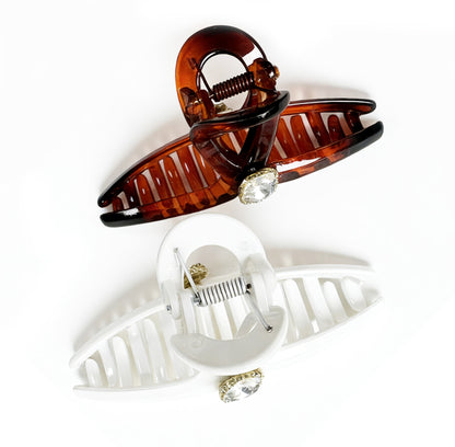 Sparkling Crystal Hair Claw Clips - 4.3" Large Non-Slip French Hair Butterfly Clamps (2-Pack, Glossy White & Tortoiseshell Amber)