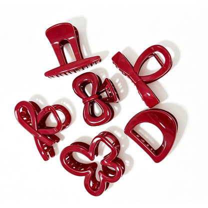 Glossy Fashion Red Hair Claw Clips - 6-Piece Cute Assorted Shapes Set for Women & Girls (Bow, Flower, Half-Moon & Crossover Clamps)