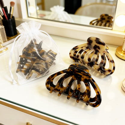 Cellulose Acetate French Hair Claw Clips - 3.3" Medium Tortoiseshell Leopard Barrettes (2-Pack with Gift Pouch, Classic Amber & Blonde Tortoise)