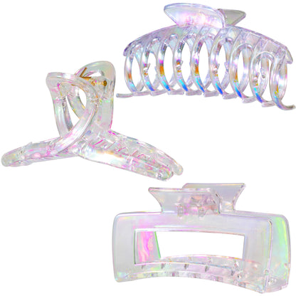 Large Iridescent Mermaid Hair Claw Clips - Rainbow Colorful Non-Slip Barrettes for All Hair (3-Piece Set with Black Velvet Gift Pouch)