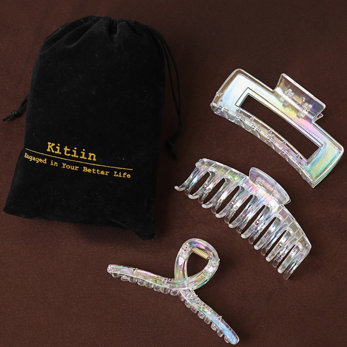Large Iridescent Mermaid Hair Claw Clips - Rainbow Colorful Non-Slip Barrettes for All Hair (3-Piece Set with Black Velvet Gift Pouch)