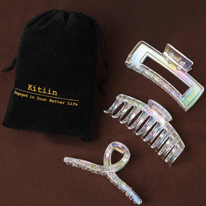 Large Iridescent Mermaid Hair Claw Clips - Rainbow Colorful Non-Slip Barrettes for All Hair (3-Piece Set with Black Velvet Gift Pouch)