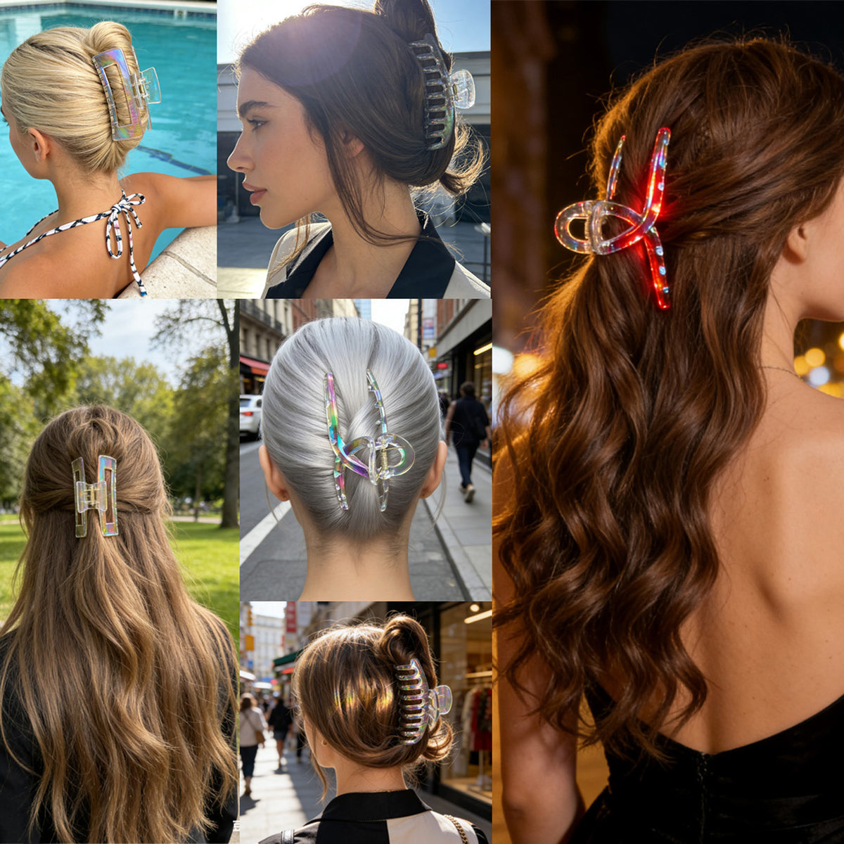 Large Iridescent Mermaid Hair Claw Clips - Rainbow Colorful Non-Slip Barrettes for All Hair (3-Piece Set with Black Velvet Gift Pouch)