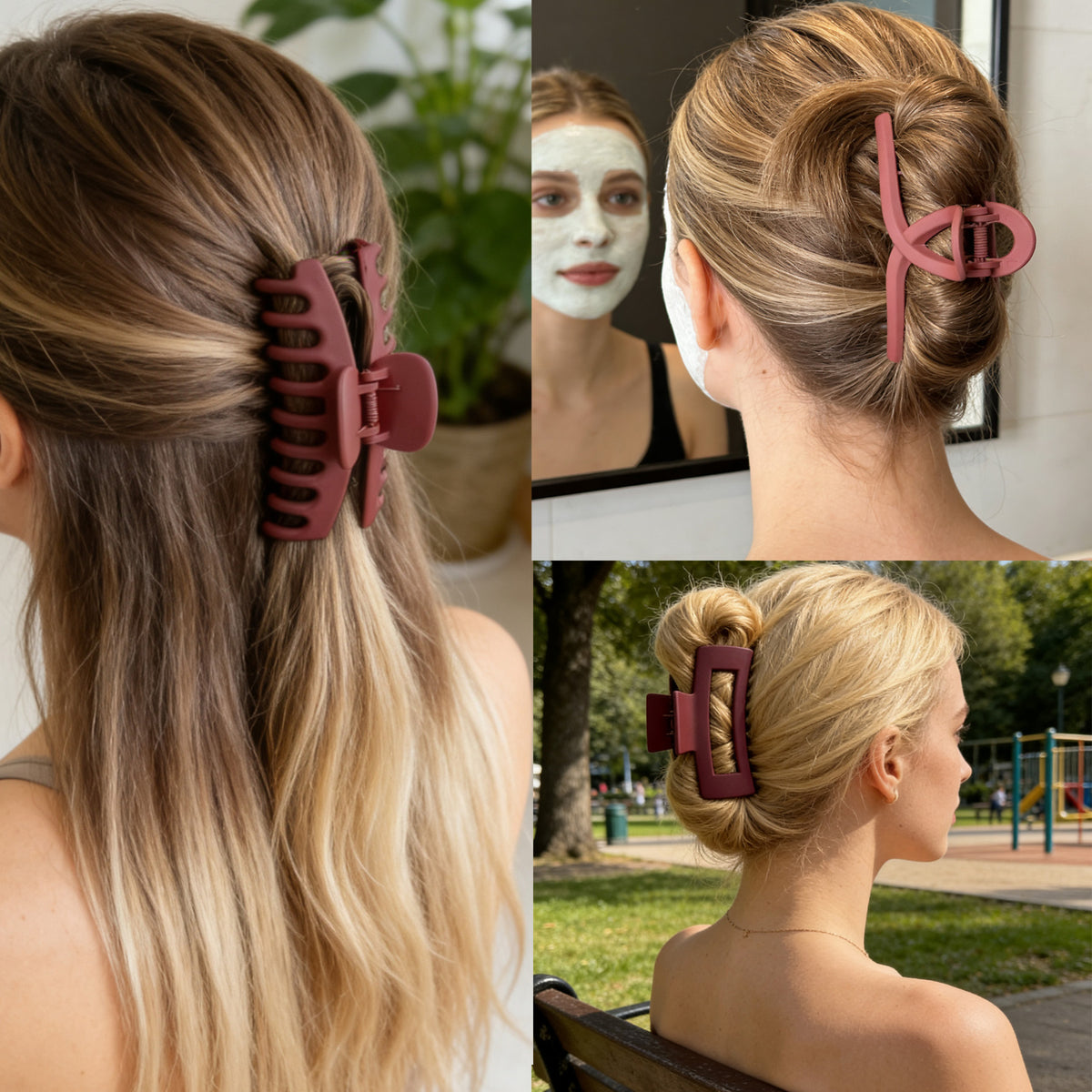 Large Matte Burgundy Hair Claw Clips - Wine Red Non-Slip Barrettes for Thick Hair (3-Piece Set with Black Velvet Gift Pouch)