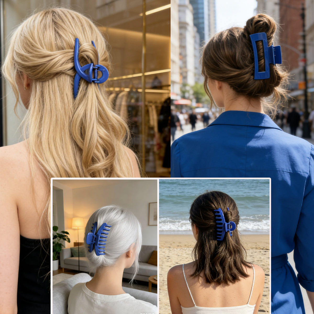 Large Glossy Klein Blue Hair Claw Clips - Vibrant Cobalt Royal Blue Non-Slip Barrettes (3-Piece Set with Black Velvet Gift Pouch)