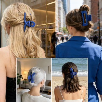 Large Glossy Klein Blue Hair Claw Clips - Vibrant Cobalt Royal Blue Non-Slip Barrettes (3-Piece Set with Black Velvet Gift Pouch)