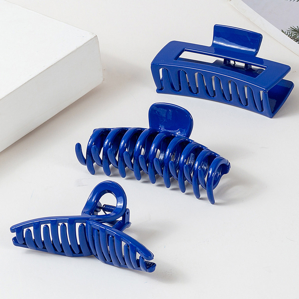 Large Glossy Klein Blue Hair Claw Clips - Vibrant Cobalt Royal Blue Non-Slip Barrettes (3-Piece Set with Black Velvet Gift Pouch)