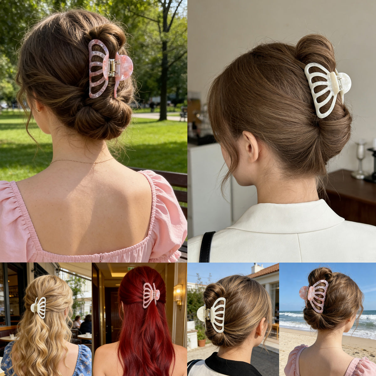 Cellulose Acetate French Hair Claw Clips - 3.3" Medium Boho Barrettes (2-Pack with Gift Pouch, Pearl White & Blossom Pink Marble)