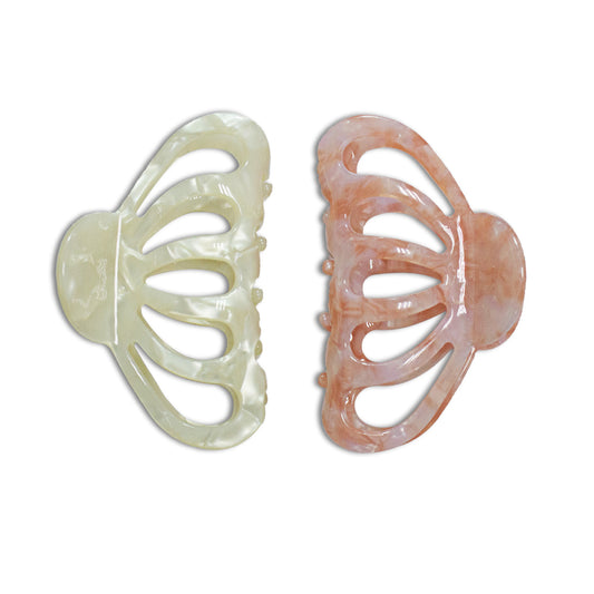 Cellulose Acetate French Hair Claw Clips - 3.3" Medium Boho Barrettes (2-Pack with Gift Pouch, Pearl White & Blossom Pink Marble)