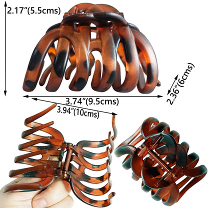 Vintage Leopard Octopus Hair Claw Clips - 3.94" Large Matte & Glossy Brown Jaw Clips (4-Piece Set for Thick Hair, Neutral Everyday Basics)