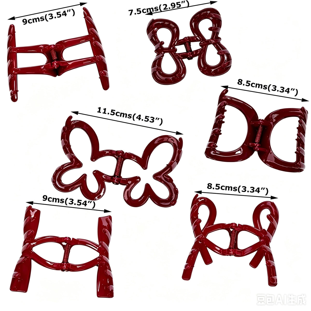 Glossy Fashion Red Hair Claw Clips - 6-Piece Cute Assorted Shapes Set for Women & Girls (Bow, Flower, Half-Moon & Crossover Clamps)