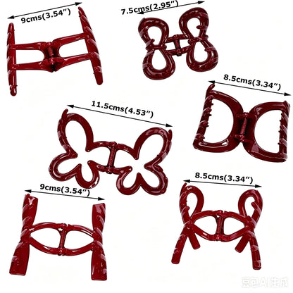 Glossy Fashion Red Hair Claw Clips - 6-Piece Cute Assorted Shapes Set for Women & Girls (Bow, Flower, Half-Moon & Crossover Clamps)