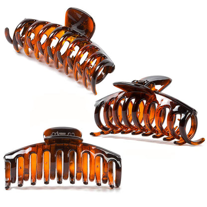 Glossy Shark Claw Hair Clips - Neutral Tortoise, Black & Clear Barrettes (3-Piece Set with Black Velvet Gift Pouch)