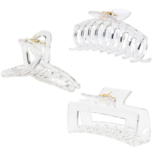 Large Glossy Crystal Clear Hair Claw Clips - Transparent Non-Slip Barrettes for All Hair (3-Piece Set with Black Velvet Gift Pouch)