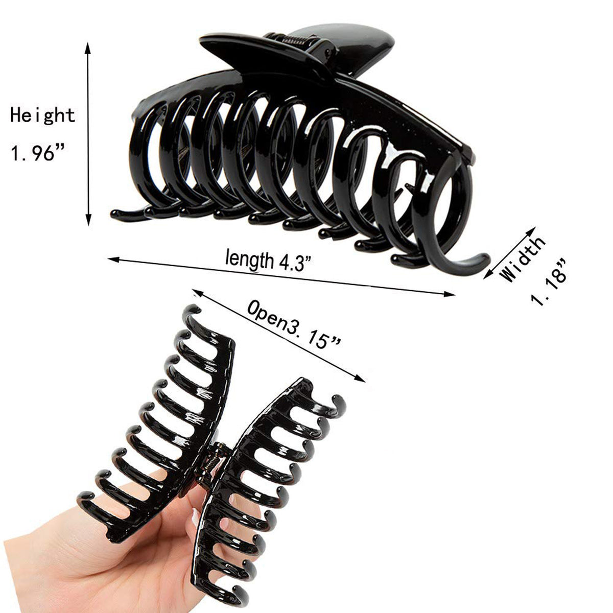 Large Glossy Jet Black Hair Claw Clips - Classic Non-Slip Barrettes for All Hair (3-Piece Set with Black Velvet Gift Pouch)