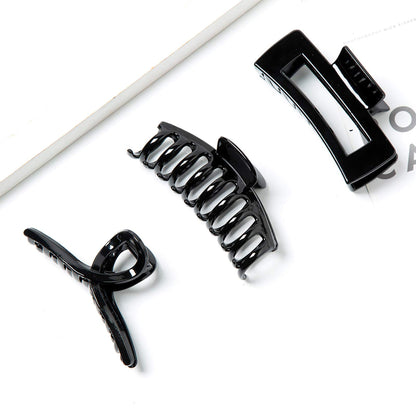 Large Glossy Jet Black Hair Claw Clips - Classic Non-Slip Barrettes for All Hair (3-Piece Set with Black Velvet Gift Pouch)