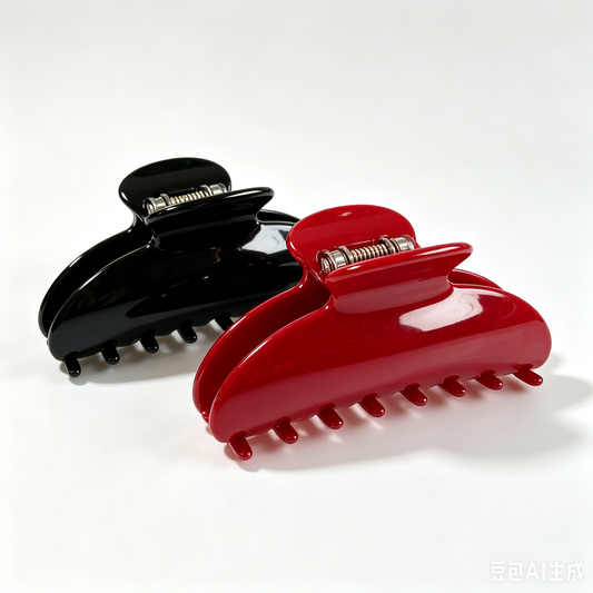 Cellulose Acetate French Hair Claw Clips - 3.35" Medium Arched Barrettes (2-Pack with Gift Pouch, Classic Black & Vintage French Red)