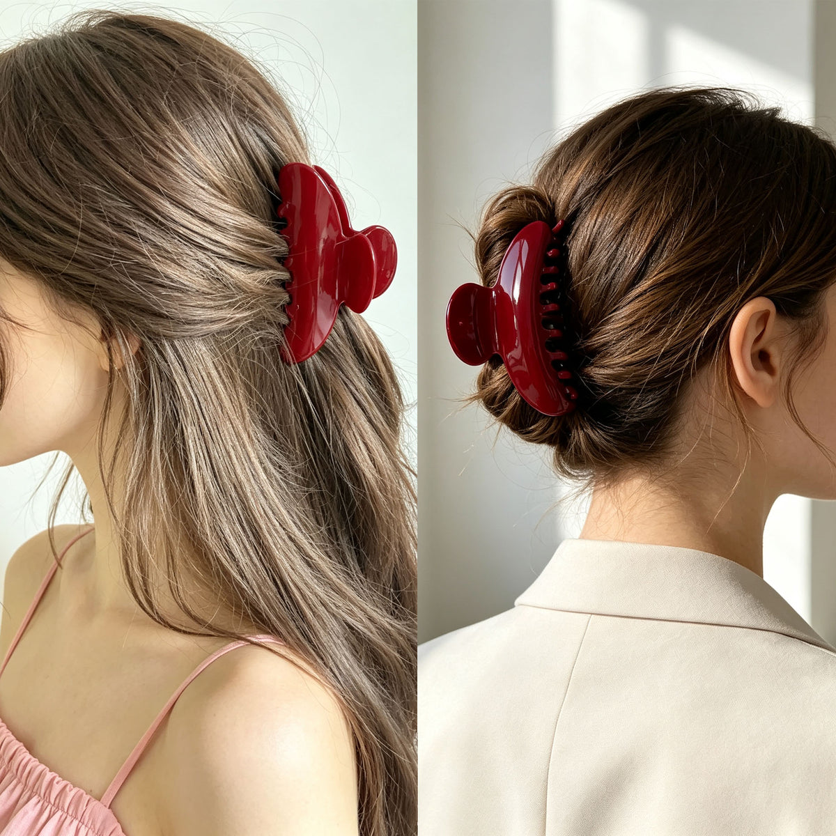 Cellulose Acetate French Hair Claw Clips - 3.35" Medium Arched Barrettes (2-Pack with Gift Pouch, Vintage French Red & Elegant White)