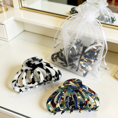 Cellulose Acetate French Hair Claw Clips - 3.3" Medium Boho Barrettes (2-Pack with Gift Pouch, Bohemian Blue & Grey Marble)