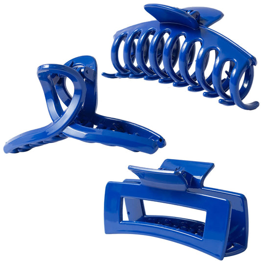 Large Glossy Klein Blue Hair Claw Clips - Vibrant Cobalt Royal Blue Non-Slip Barrettes (3-Piece Set with Black Velvet Gift Pouch)