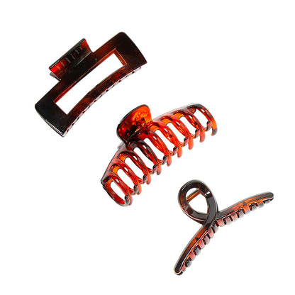 Large Glossy Amber Tortoiseshell Hair Claw Clips - Classic Non-Slip Barrettes for All Hair (3-Piece Set with Black Velvet Gift Pouch)
