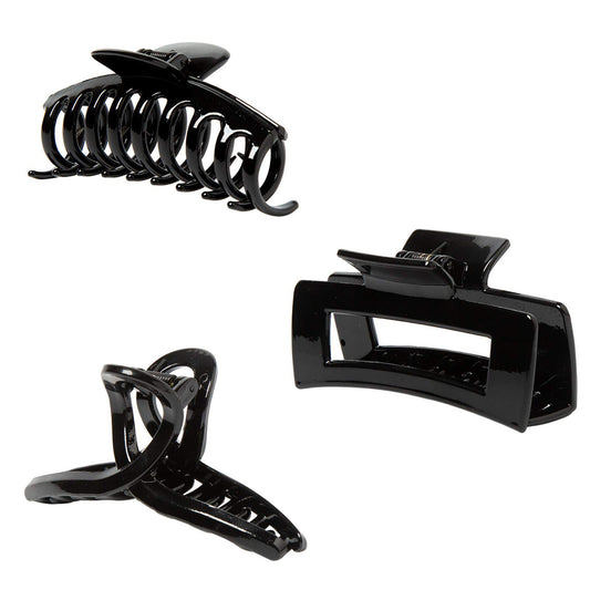 Large Glossy Jet Black Hair Claw Clips - Classic Non-Slip Barrettes for All Hair (3-Piece Set with Black Velvet Gift Pouch)
