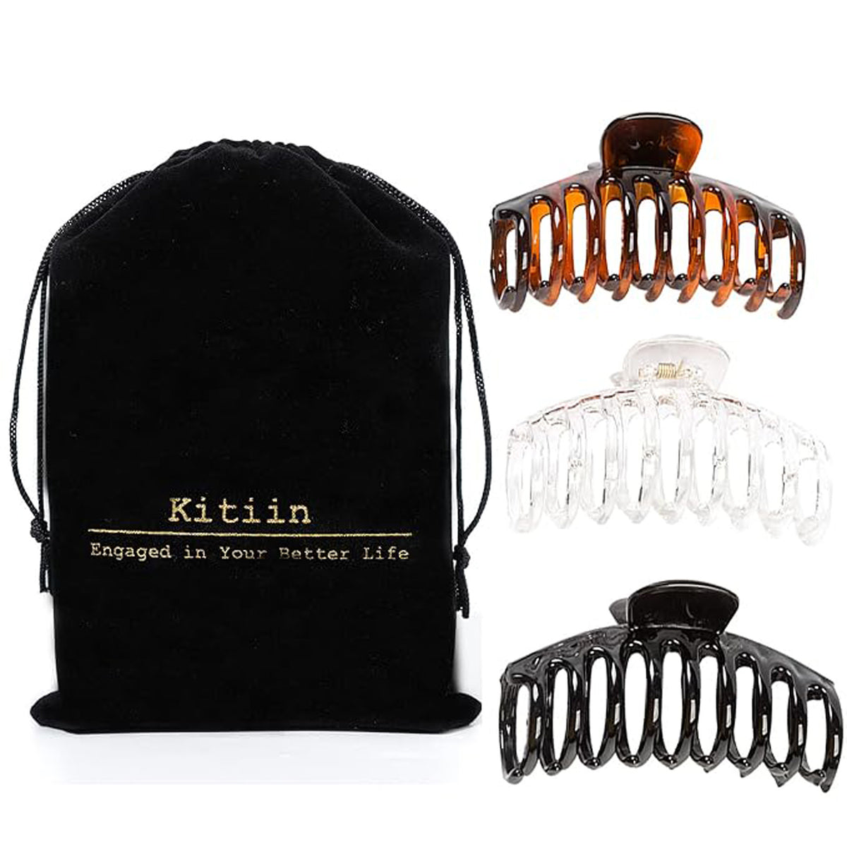 Glossy Shark Claw Hair Clips - Neutral Tortoise, Black & Clear Barrettes (3-Piece Set with Black Velvet Gift Pouch)