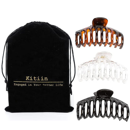 Glossy Shark Claw Hair Clips - Neutral Tortoise, Black & Clear Barrettes (3-Piece Set with Black Velvet Gift Pouch)