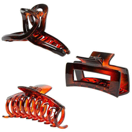Large Glossy Amber Tortoiseshell Hair Claw Clips - Classic Non-Slip Barrettes for All Hair (3-Piece Set with Black Velvet Gift Pouch)