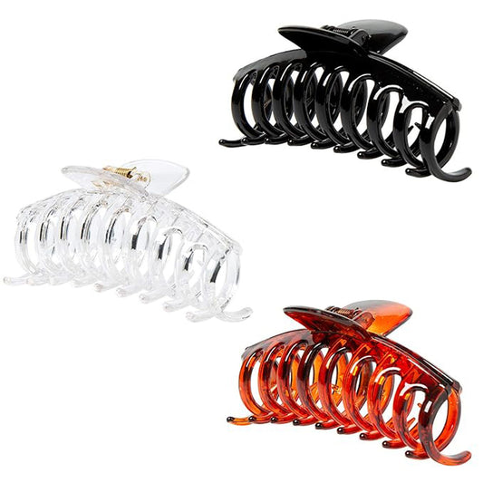 Glossy Shark Claw Hair Clips - Neutral Tortoise, Black & Clear Barrettes (3-Piece Set with Black Velvet Gift Pouch)