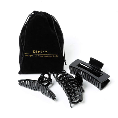 Large Glossy Jet Black Hair Claw Clips - Classic Non-Slip Barrettes for All Hair (3-Piece Set with Black Velvet Gift Pouch)