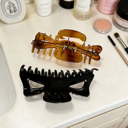 5.1" Jumbo Butterfly Hair Claw Clips for Thick Long Hair - Extra Large Non-Slip Clamps (2-Pack, Black & Amber Brown)